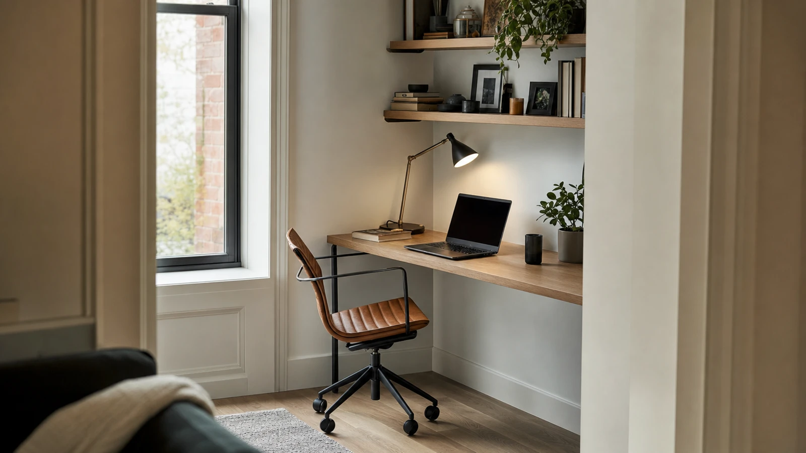 space saving office desk in a compact home workspace