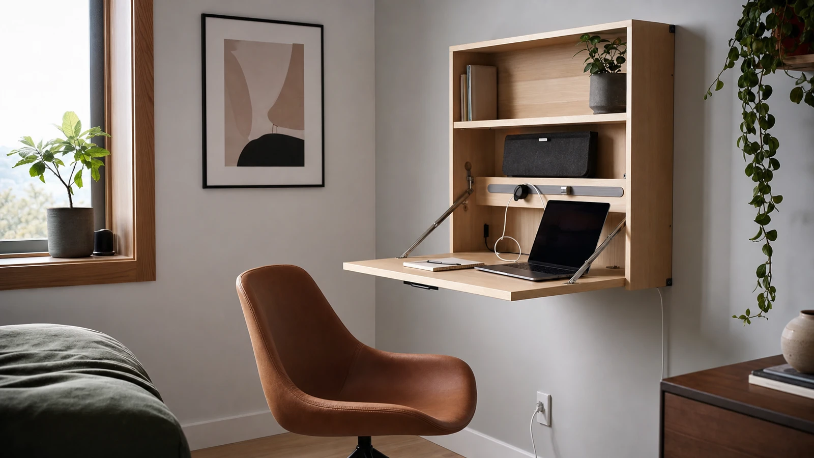 space saving office desk in a compact home workspace